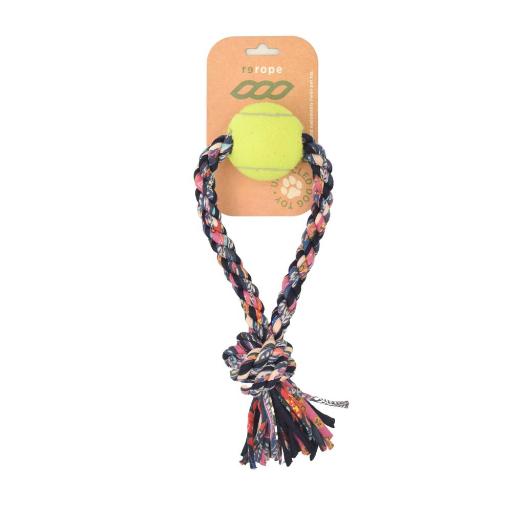 Tennis Ball Upcycled Fabric Rope Dog Toys